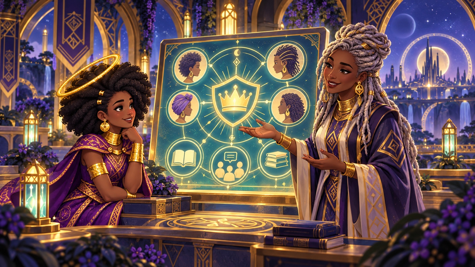 Zuri and a trusted guide explore a glowing hair-rights board at the academy